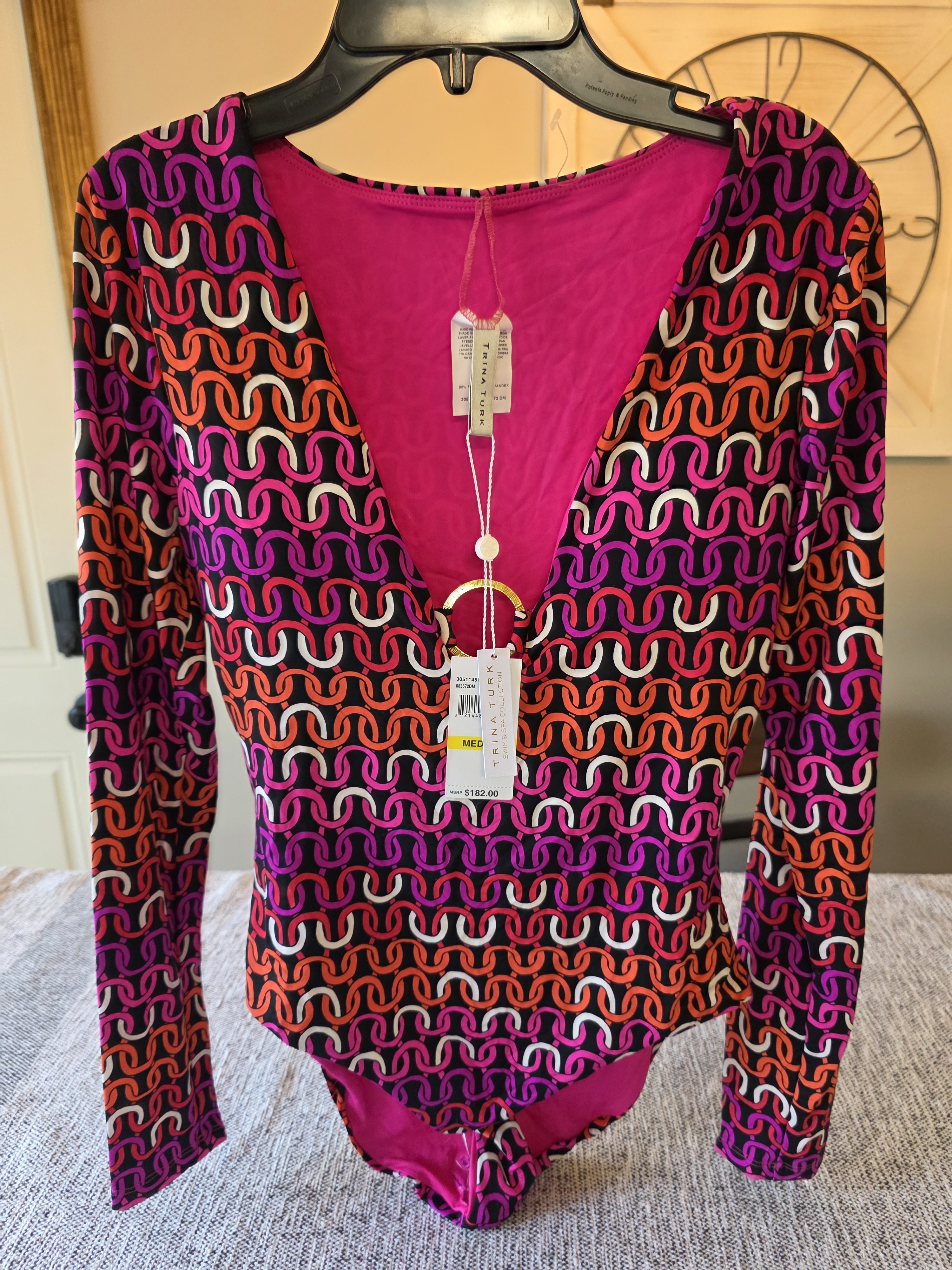 Trina Turk Pink Purple Orange Geometric Long-Sleeve One-Piece